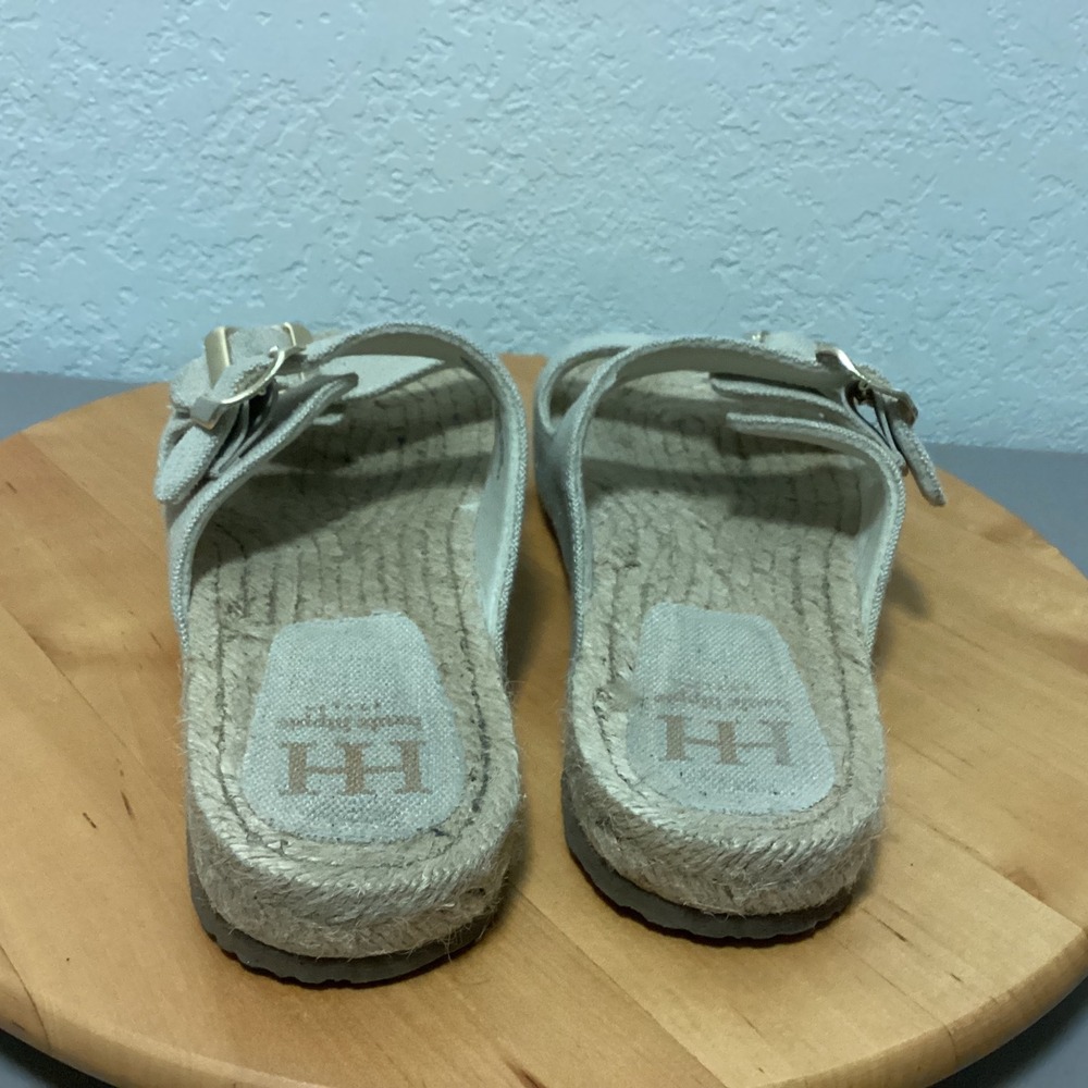 Haute Hippie Canvas Espadrille Flat Sandals Womens 10 Beige Double Buckle Slides - Picture 3 of 11